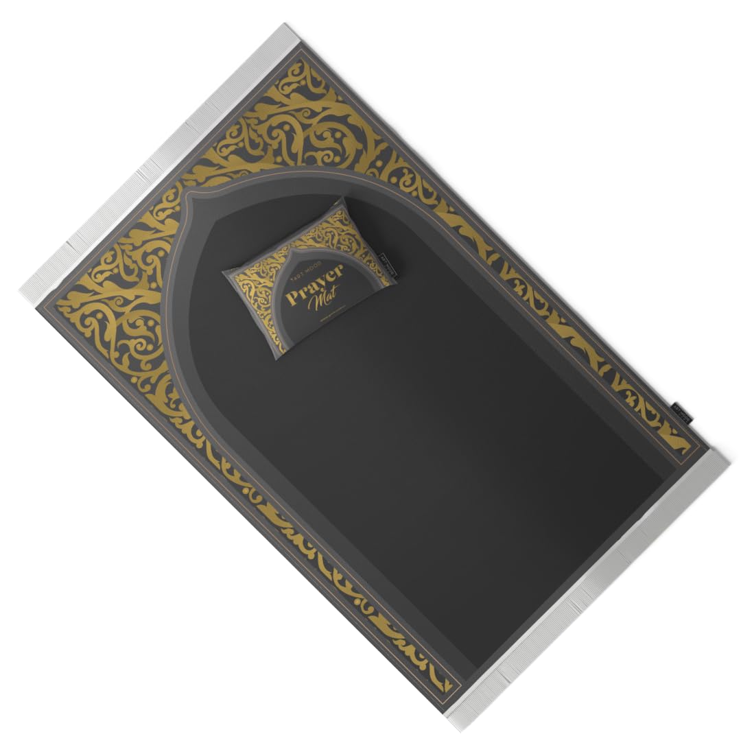 Velvet Prayer Mat in Grey and Gold, 68x117 cm, a luxurious and soft rug with an elegant design, perfect for creating a comfortable and sophisticated prayer space at home or on the go