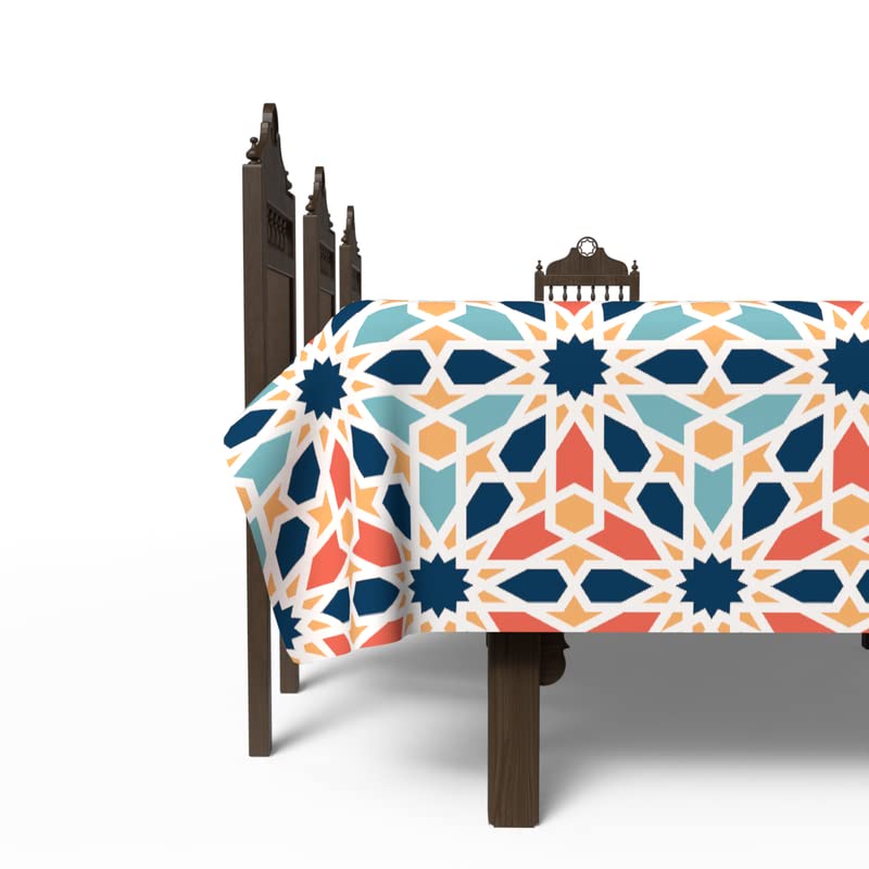 Islamic Arabesque Waterproof Tablecloth, a Multicolor 140x140 cm Square Table Cover of Spillproof Polyester with an Islamic Pattern, a Durable Protector for Festive Family Gatherings