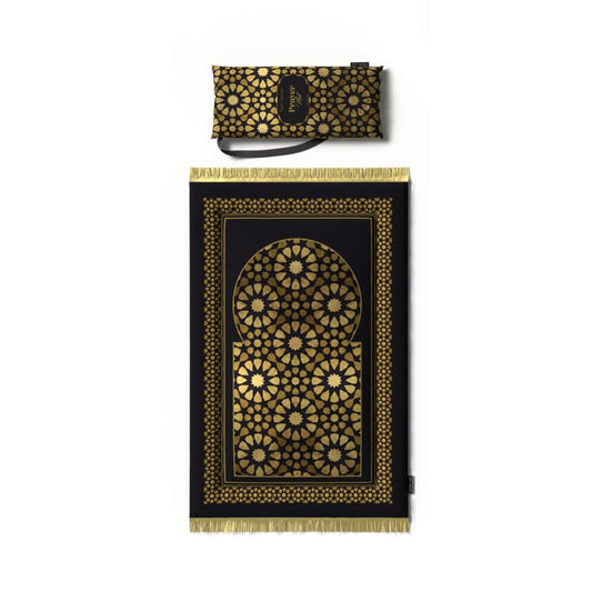 سجادة صلاة مبطنة للأطفال من المخمل الفاخر باللونين الذهبي والأسود، 57×95 سم، سجادة ناعمة ومريحة بتصميم خالد، مثالية لجعل وقت صلاة الطفل مميزًا
