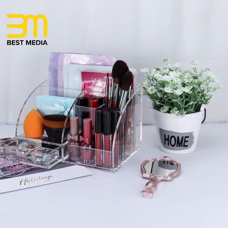 All-in-One Clear Acrylic Office Desk Organizer with Drawer, Multifunctional Makeup Holder and Stationery Caddy with Multiple Compartments for Home and School Supplies