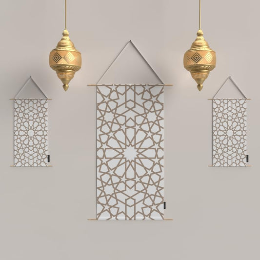 Ramadan's Unique Nova Velvet Fabric Posters Set, a Wall Art Decor Kit for Festive Home Decor, Beige & White, a Celestial-Inspired Islamic Design for Living Room or Bedroom