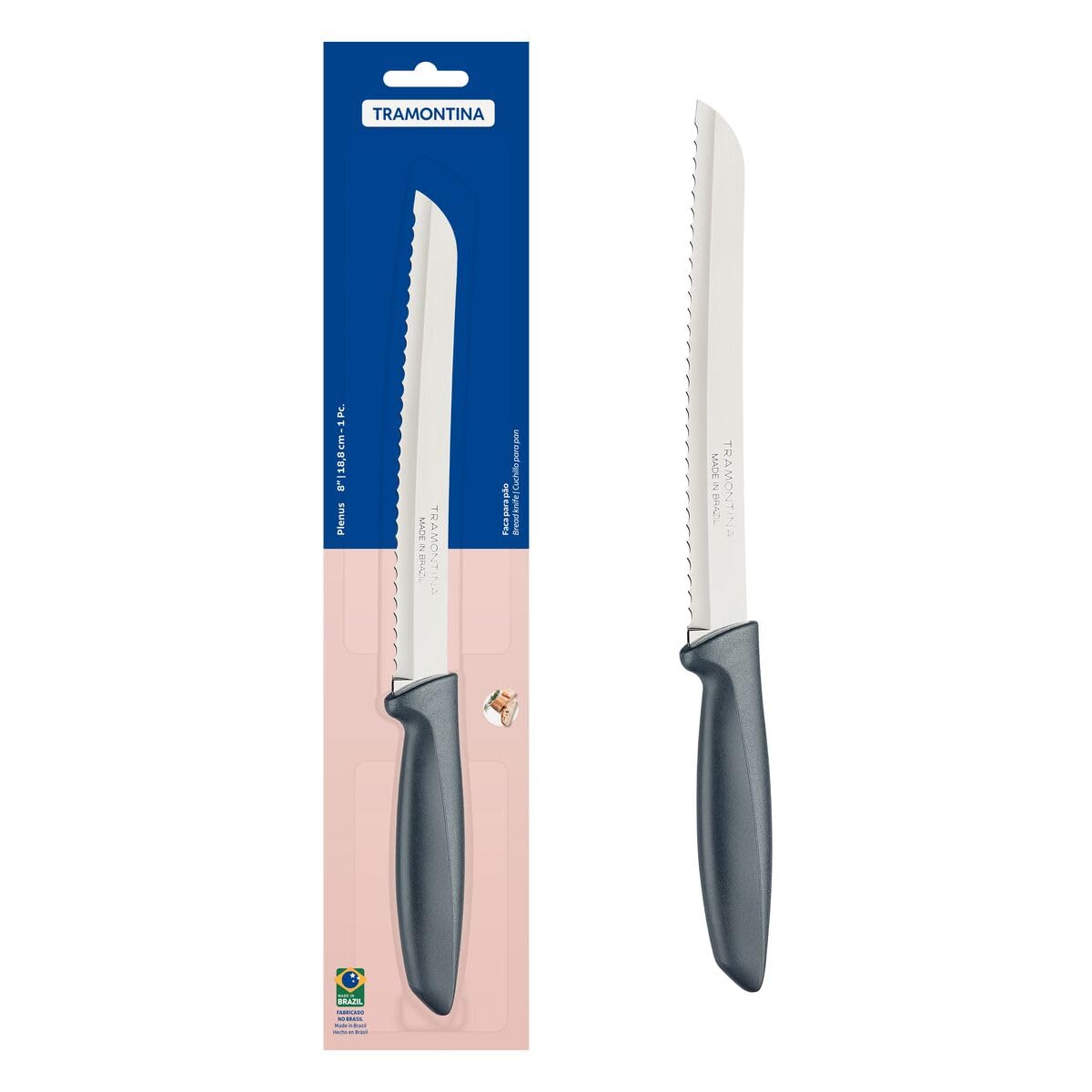 Plenus Bread Knife, 8-Inch Stainless Steel Blade, Gray Polypropylene Handle, Sharp and Durable, Perfect for Slicing Bread, Baguettes, and Pastries