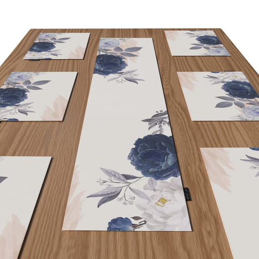 Bloom Canvas Placemats Set of 6 in Blue & White, each 45x30 cm, elegant floral table mats, durable and washable, perfect for protecting surfaces during everyday meals or special events