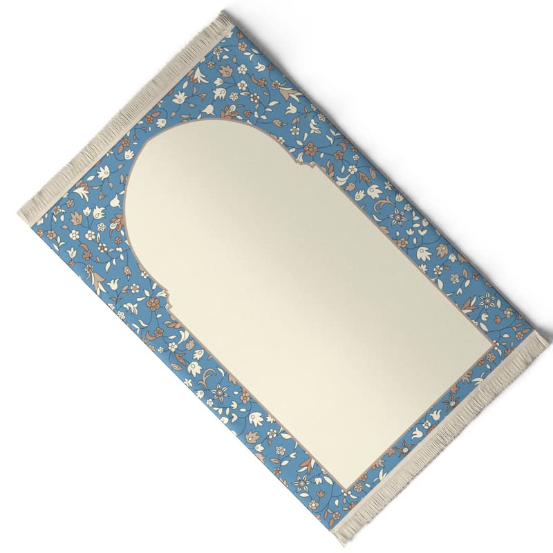 Velvet Prayer Mat in Beige and Blue, 68x117 cm, a comfortable Islamic rug with a soft design, ideal for daily use at home, the mosque, or for travel, ensuring a clean prayer space