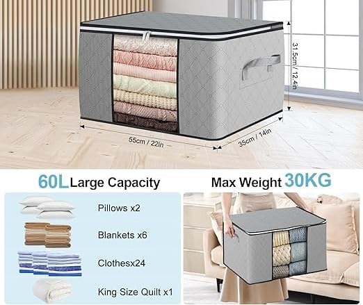 6 Pack Large Foldable Storage Bins with Zipper & Reinforced Handles, Linen Fabric Clothes Organizer for Closet, Comforters, Bedding & Seasonal Items - Grey