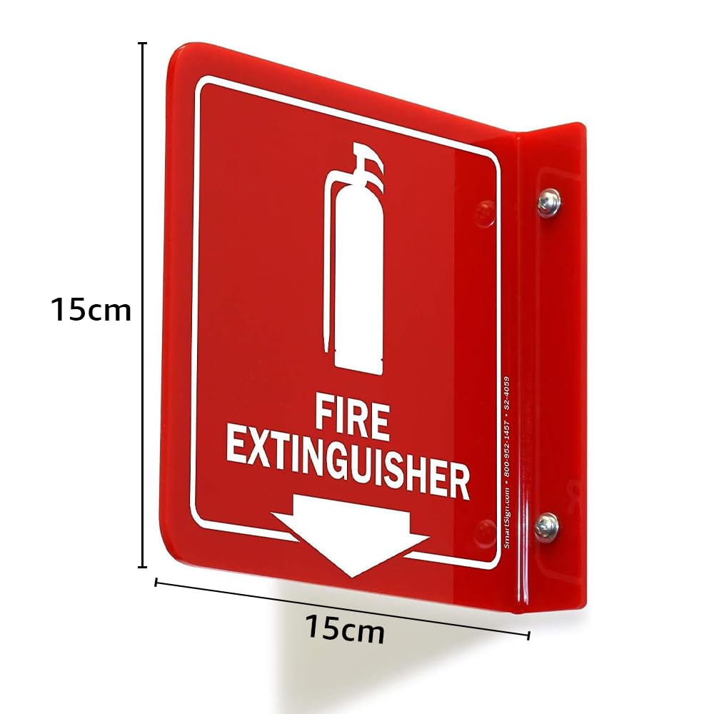 Projecting Fire Extinguisher Sign, 15 x 15 cm Polished Acrylic Wall Sign with Down Arrow, Double-Sided Safety Display for Emergency Visibility in Buildings, Offices or Warehouses - Red