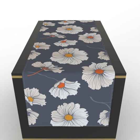 Florish Table Runner in a soft Cotton-Like fabric, Sky Blue & White, 35x140 cm, a decorative centerpiece with a delicate floral pattern for a fresh and serene addition to your dining table