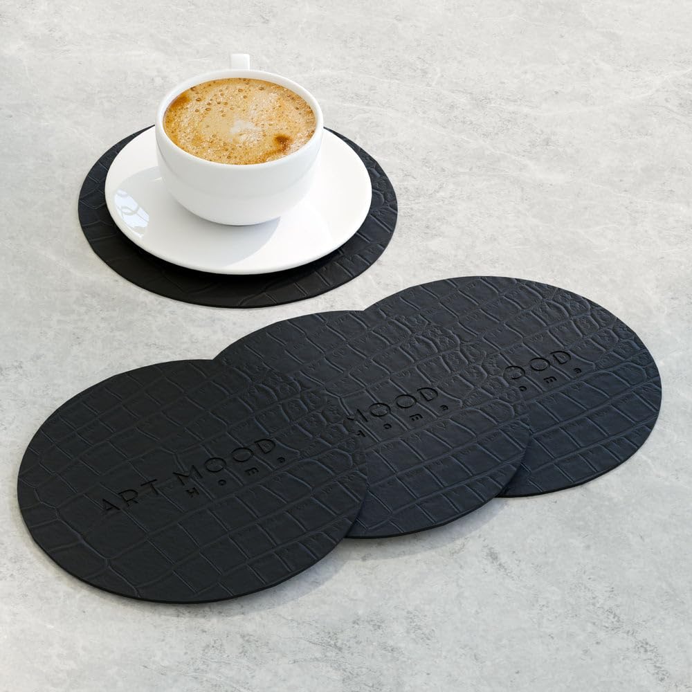 Circle Leather Coaster Set - Premium Faux Leather Coasters with Stylish Touch, Heat-Resistant and Scratch-Proof - Perfect for Coffee Tables, Dining, and Home Decor, Set of 4
