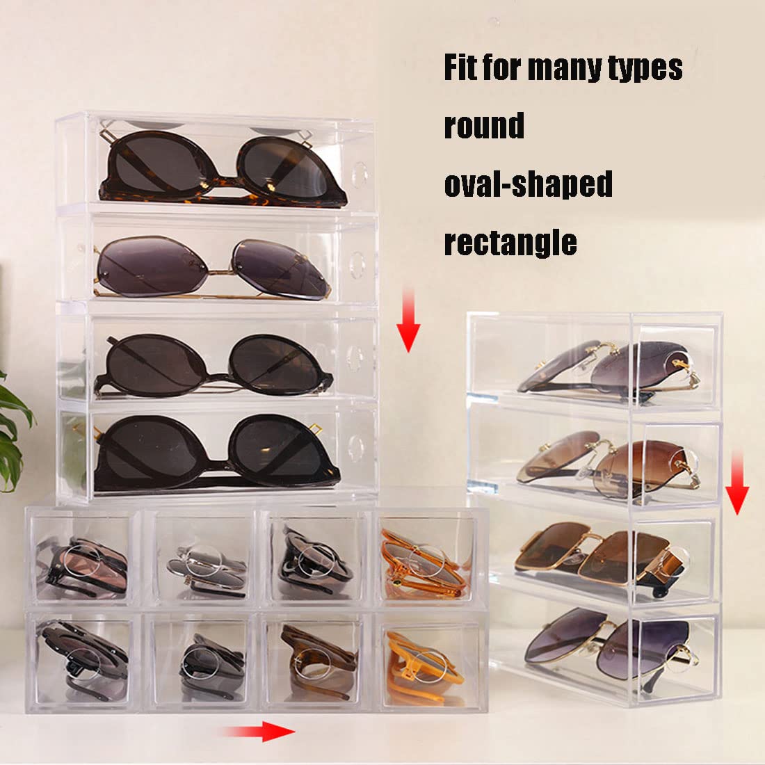 Acrylic Sunglasses Organizer with 4-Lid Drawer Storage, Clear Rectangular Box for Eyewear, Cosmetics, or Accessories, Suitable for Bathroom, Desk, Countertop, Office, and Dorm Use, Clear