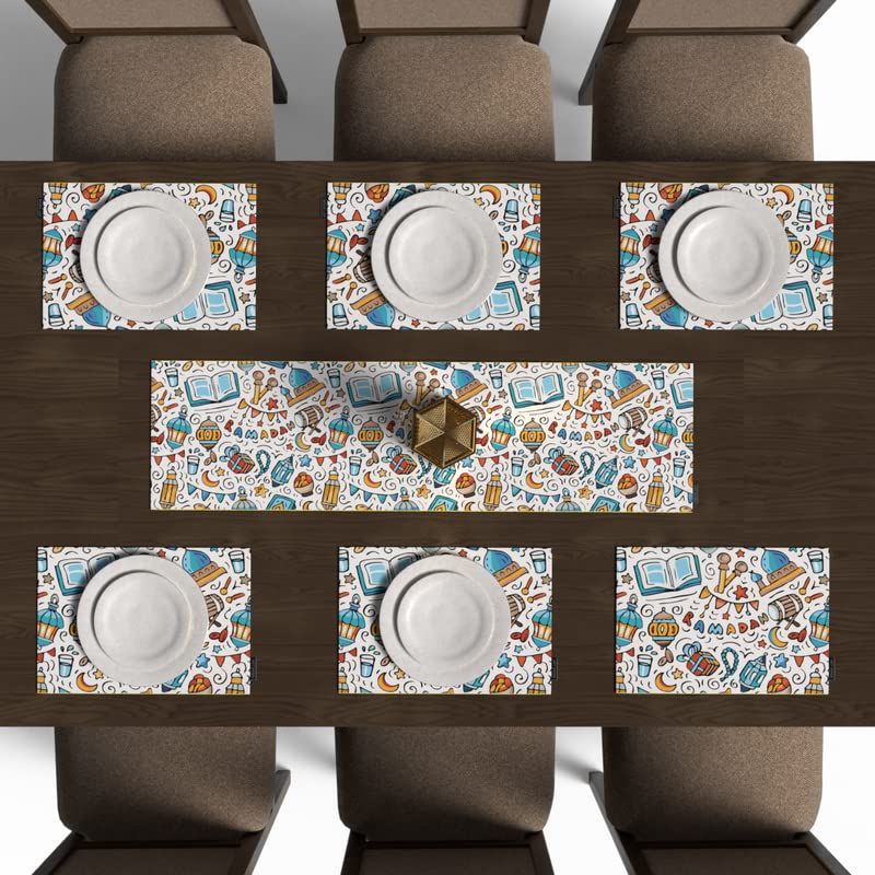 طقم طاولة طعام أوروس مكون من 7 قطع، مع 6 مفارش طعام قماشية متعددة الألوان (45 × 30 سم) و1 مفرش (35 × 140 سم)، يتميز بتصميم إسلامي فني فريد من نوعه لعرض طعام نابض بالحياة.