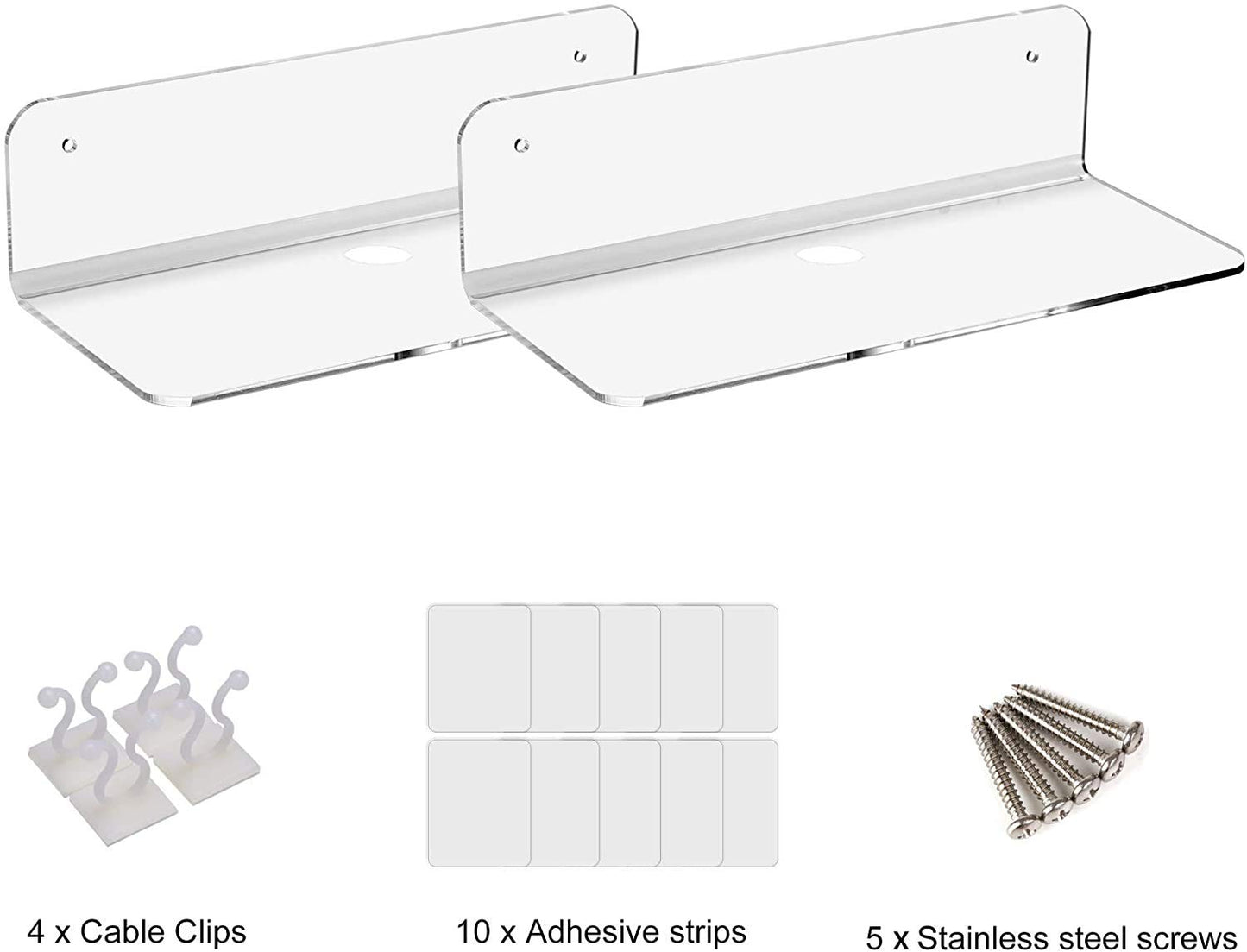 2-Piece Floating Wall Shelves, Clear Acrylic Shelves with Cable Clips, 30 cm Compact Wall-Mounted Display for Bedroom Bathroom Gaming Room Living Room or Office Use, Clear Color