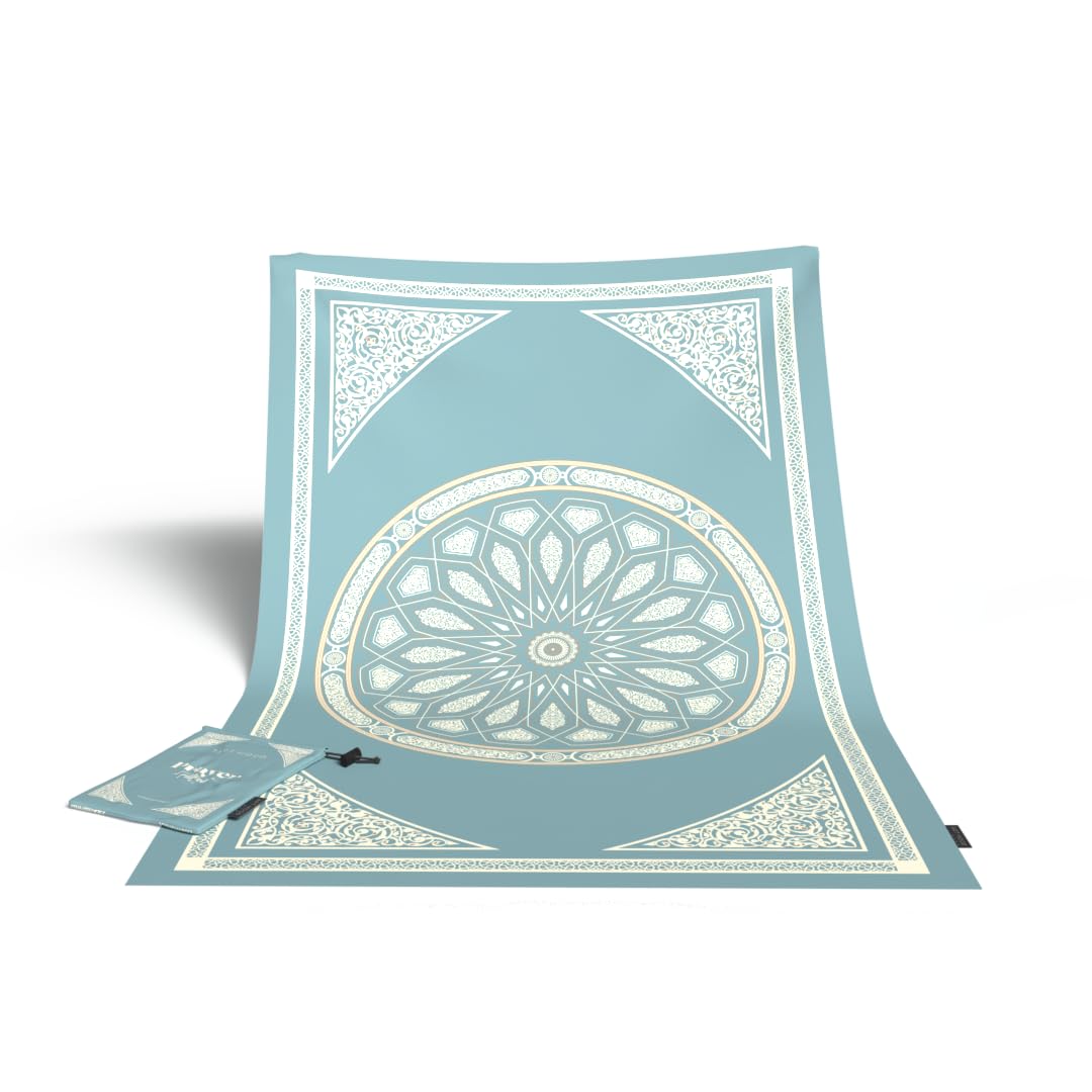 Al-Qubba Portable Prayer Mat, a Waterproof and Lightweight Travel Rug that folds to a Compact Pocket Size, Blue, a Perfect Janamaz for Muslim Prayer (Salah) anywhere, indoors or outdoors