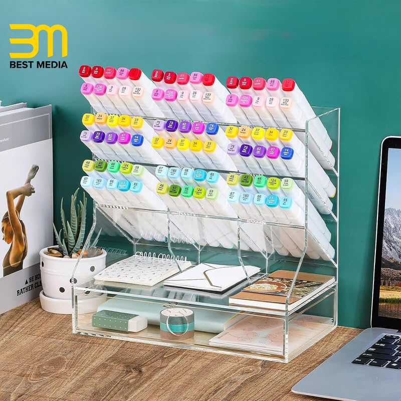 Acrylic Pen Organizer for Desk with Drawer, Multi-Functional Clear Marker Holder with 12 Compartments, Heavy-Duty Desktop Pencil Storage for Home, Office & Art Studio