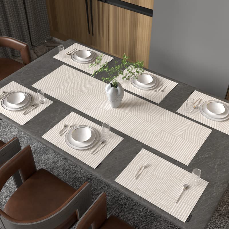 Hazel Leaf 7-Piece Dining Set, includes 6 Durable Canvas Placemats (45x30 cm) and 1 Table Runner (35x140 cm), Multicolor, a Botanical Design to Protect and Style your Table