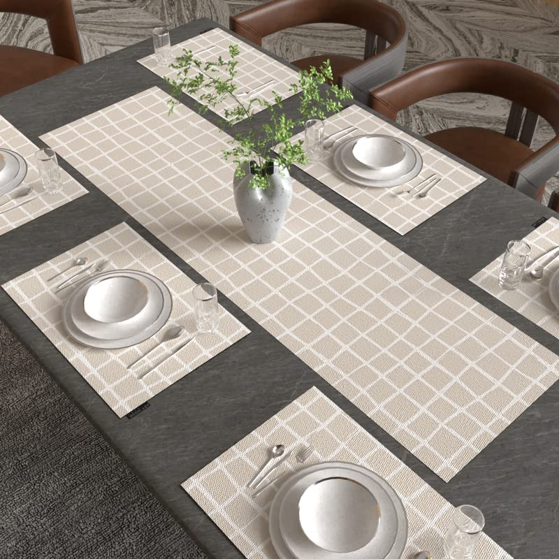 Haven 2 7-Piece Dining Set, includes 6 Durable Canvas Placemats (45x30 cm) and 1 Table Runner (35x140 cm), Beige & Blue, a Chic, Modern Design to Protect and Beautify your Table
