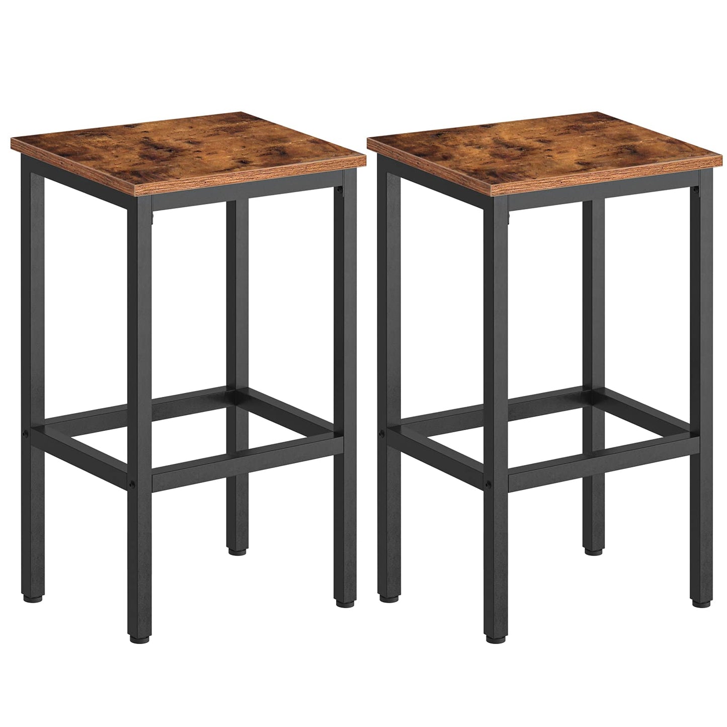 Bar Stools, Set of 2 Bar Chairs with Footrest, Black Steel Frame, Adjustable Feet, for Living Room, Dining Room, Kitchen, Industrial Design, Rustic Brown