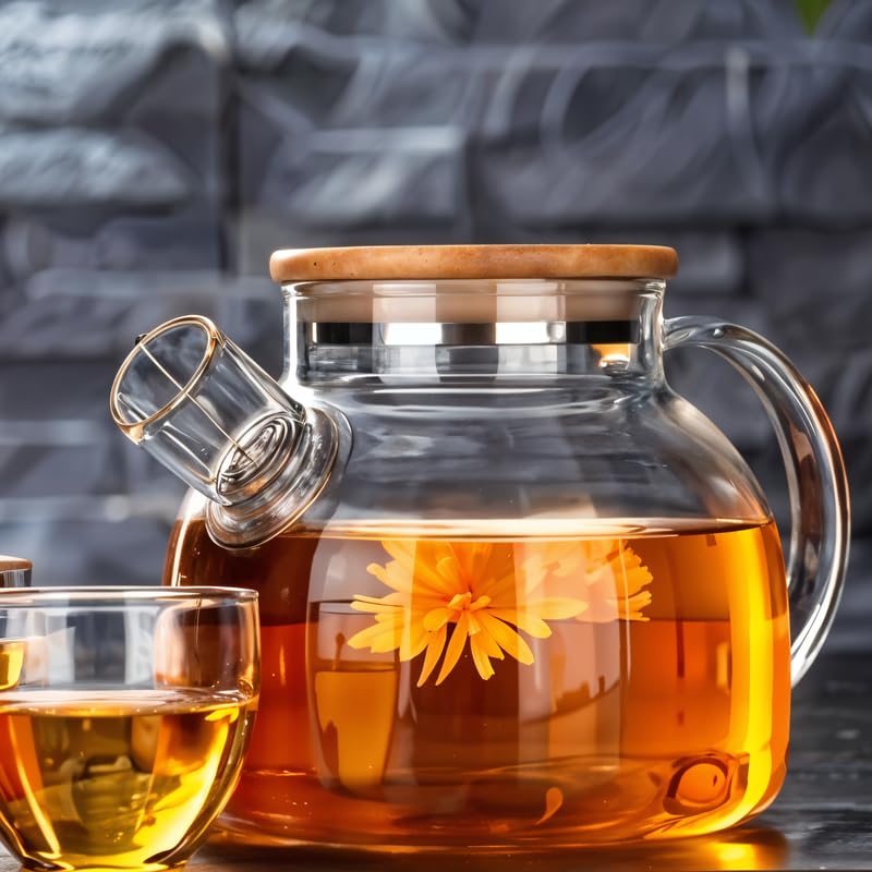 Glass Teapot with Infuser - 1000ML Borosilicate Teapot with Stainless Steel Strainer and Bamboo Lid, Stovetop Safe, Comfortable Handle, Ideal for Loose Leaf Tea And Fruit Tea