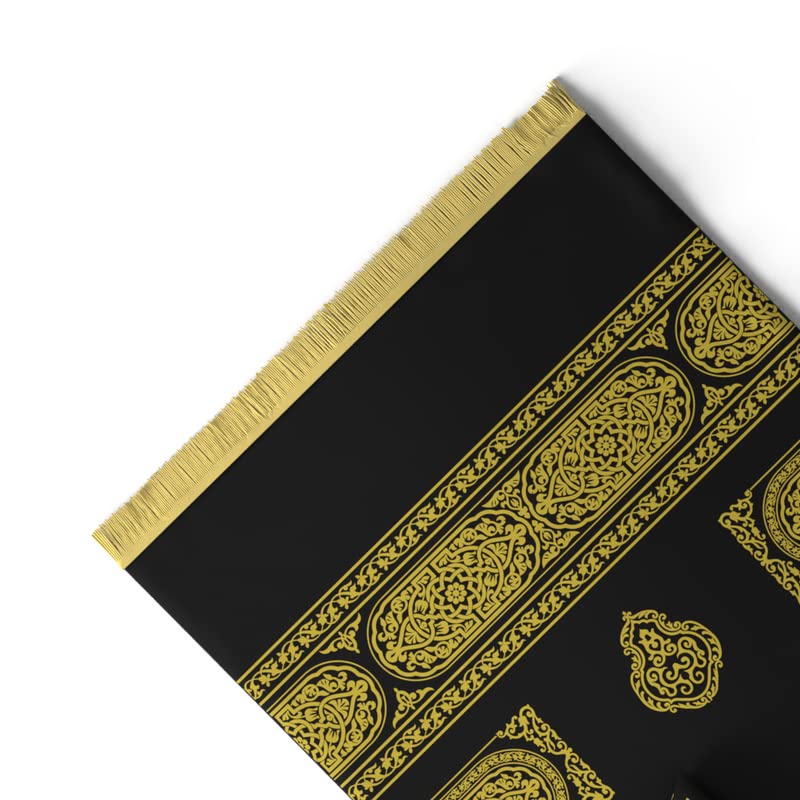 Velvet Prayer Mat in Gold and Black, 68x117 cm, a soft Islamic rug with a unique Mecca-inspired design, providing a comfortable and special surface for your daily prayers