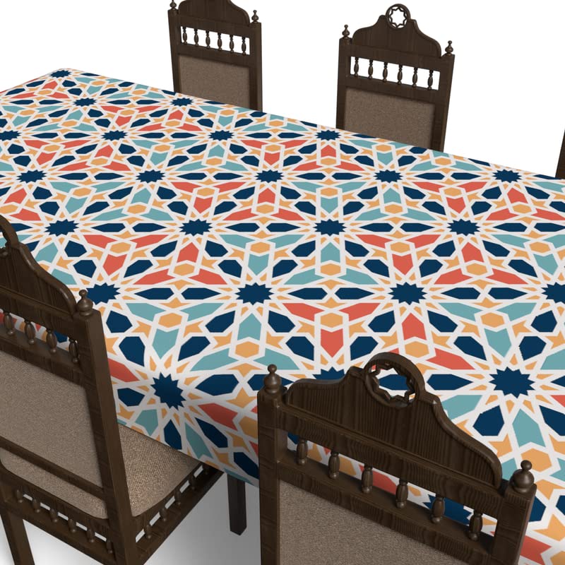 Islamic Arabesque Waterproof Tablecloth, a Multicolor 140x300 cm Rectangular Table Cover of Spillproof Polyester with an Islamic Pattern, a Durable Protector for Festive Family Gatherings