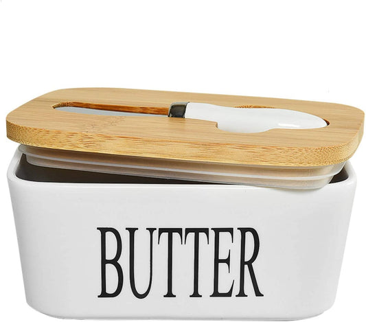 Ceramic Butter Dish with Lid – 650 ML Airtight Butter Container with Bamboo Lid & Butter Knife, Porcelain Farmhouse Style for Countertop Use