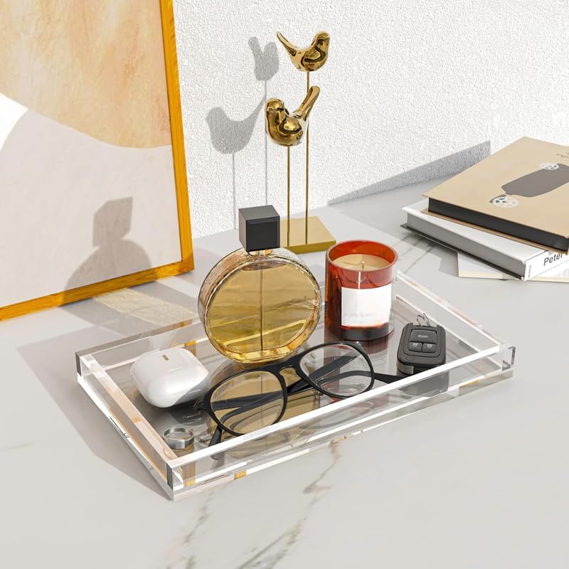 Acrylic Vanity Tray, Thick 8mm Clear Organizer Tray, 26.7 x 15.2 cm, for Bathroom Countertops, Dressers, Perfume, Jewelry, Soap, Small Decorative Tray for Home, Clear