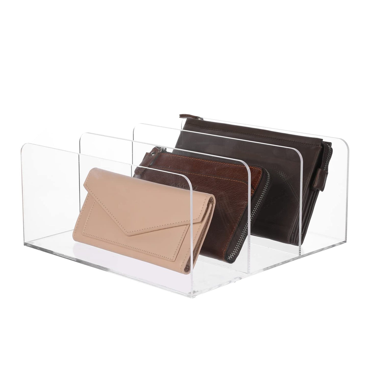 Clear Acrylic Divided Purse and Wallet Organizer, 3 Sections, Handbag Storage, Clutch Holder for Closet Organization or Retail Display, Durable & Elegant Design