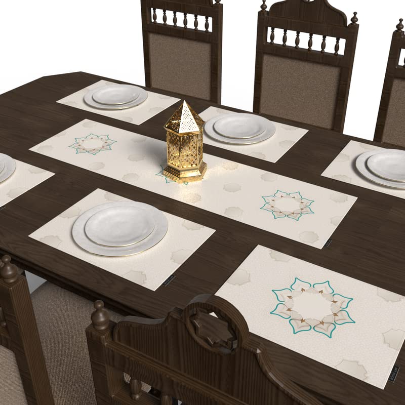 Dora 7-Piece Dining Set, includes 6 multicolor canvas placemats (45x30 cm) and 1 table runner (35x140 cm), featuring a vibrant, jewel-like Islamic pattern for a colorful table