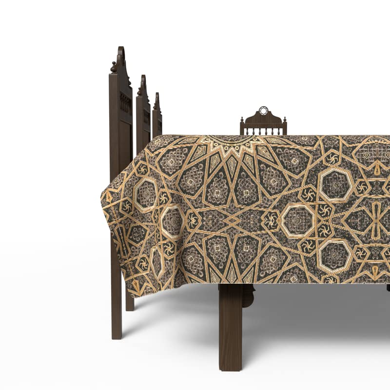 Islamic Diwan Waterproof Tablecloth, a Multicolor 140x140 cm Square Table Cover of Spillproof Polyester with a Traditional Pattern, a Durable Protector for Elegant Dining Occasions