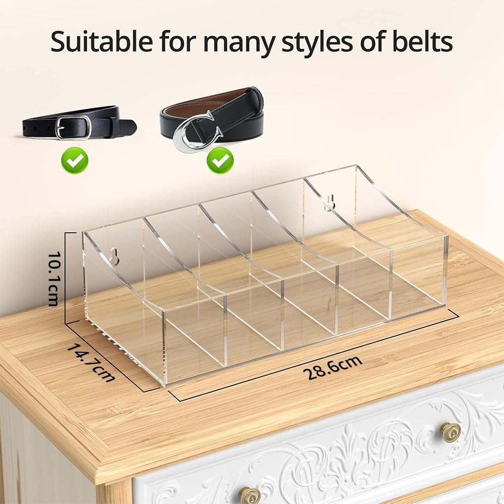 Acrylic Belt Storage Holder, 5-Compartment Clear Display Organizer for Closet or Drawer, Belt Tie and Bow Tie Container for Men’s Accessories and Daily Use, Transparent Case, Clear