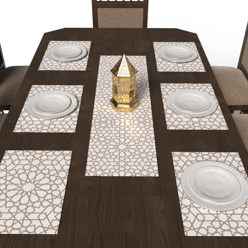 مجموعة مفارش طعام نوفا المكونة من 7 قطع، مع 6 مفارش طعام من القماش متعدد الألوان (45 × 30 سم) وغطاء طاولة واحد (35 × 140 سم)، تتميز بنمط إسلامي سماوي لمنظر طاولة فريد وروحاني.