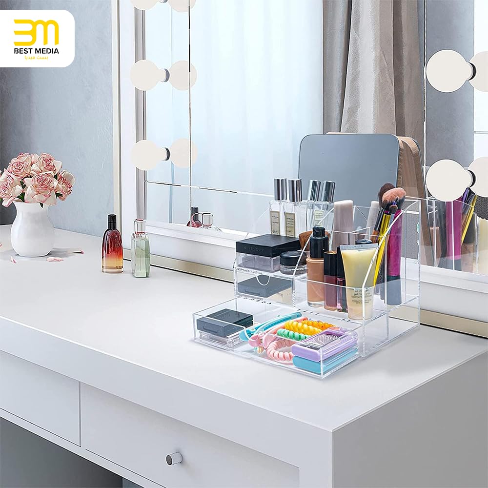 Acrylic Desk Organizer with 2 Drawers, Clear 5-Compartment Pen Holder and File Sorter, All-in-One Office Supplies Storage for Dorm, Home, and School, Desktop Caddy