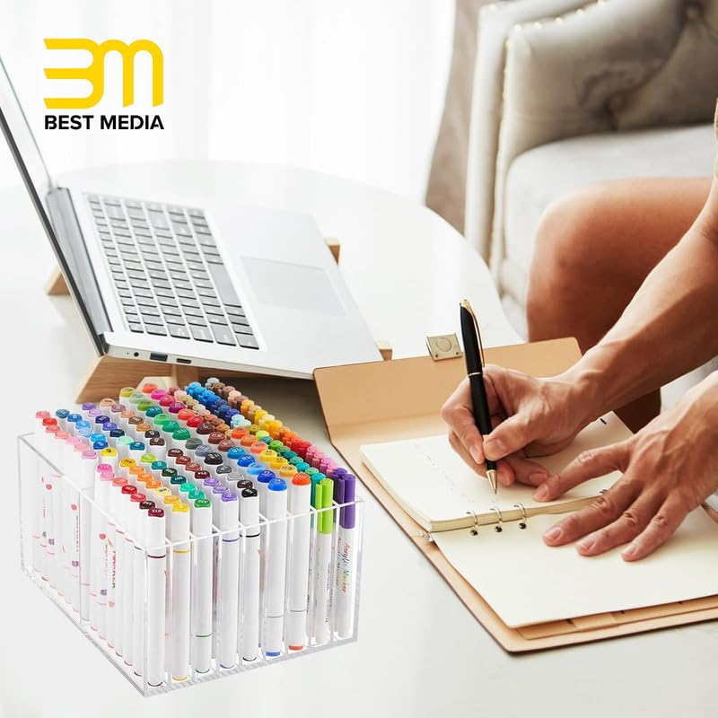 Acrylic Marker Organizer, Clear 126-Capacity Art Marker and Pencil Holder with 18 Compartments, Desktop Display Stand for Pens, Brushes and Office Supplies Storage, Clear