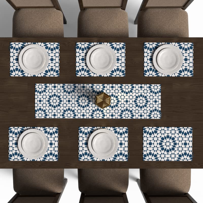 Topaz 7-Piece Dining Set, includes 6 multicolor canvas placemats (45x30 cm) and 1 runner (35x140 cm), with a traditional Islamic pattern to protect your table and create a festive mood