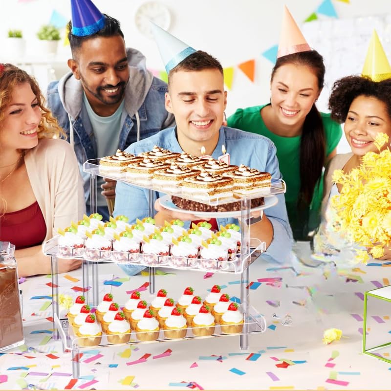 3-Tier Acrylic Cupcake Stand with LED Base, Clear Dessert Display Tray, 3mm Thick Shelves, Space-Saving Party Holder for Birthday, Wedding, or Events, Warm Yellow Light