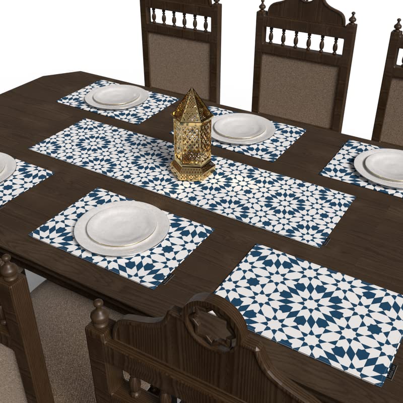 Topaz 7-Piece Dining Set, includes 6 multicolor canvas placemats (45x30 cm) and 1 runner (35x140 cm), with a traditional Islamic pattern to protect your table and create a festive mood
