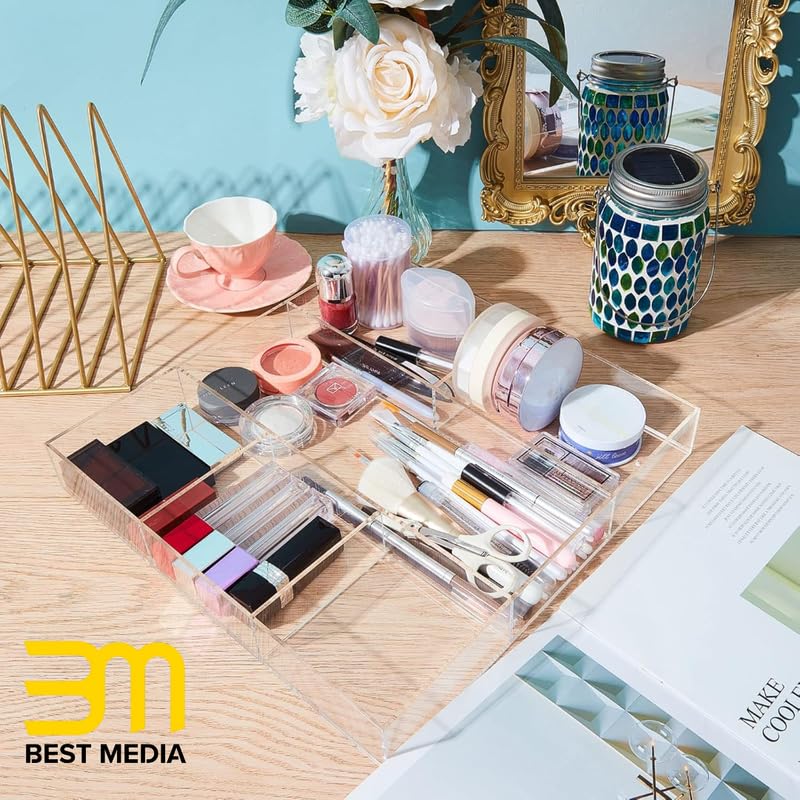 Clear Acrylic Drawer Organizer Set of 2, Includes a 6-Section and a 3-Section Divided Tray, Perfect as Desk Drawer Inserts, Makeup Storage, and Vanity Organization Solution