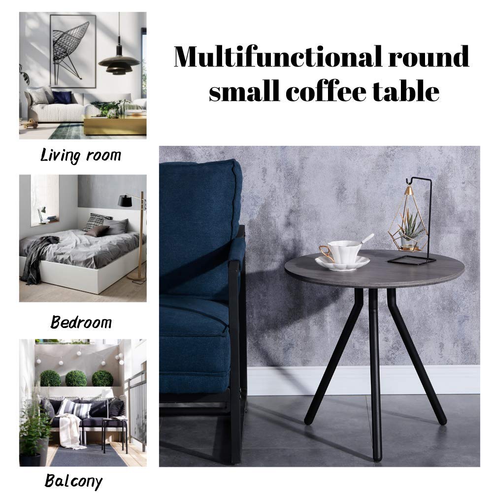 Retro Wood Side End Table for Sofa Small Round Modern Coffee Table 50cm with Black Metal Legs for Living Room, Grey