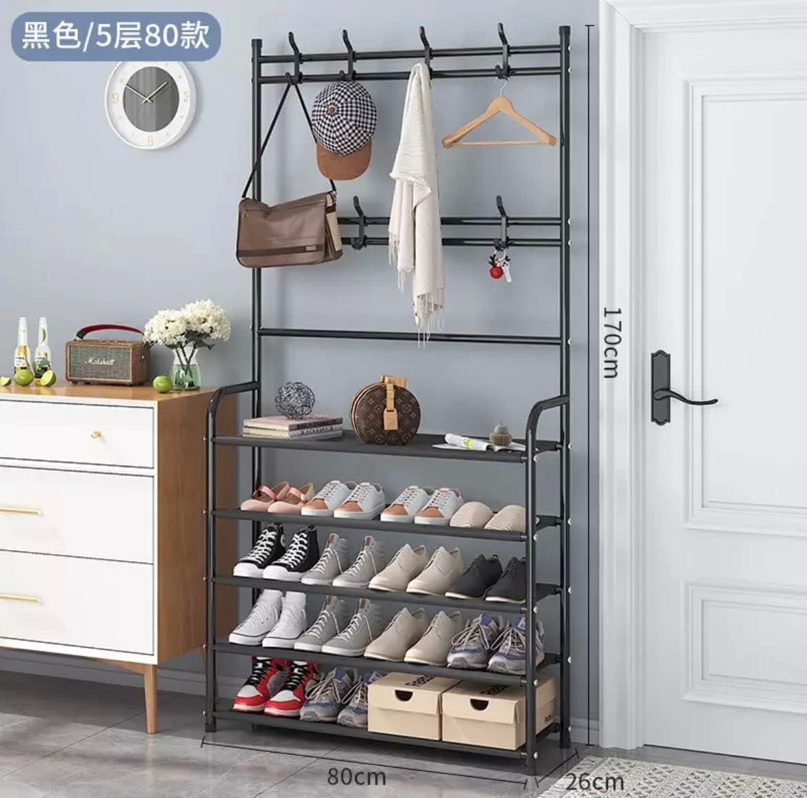 Stainless Steel 5 Tier Shoe Rack Organizer (175x80x30cm, Black)