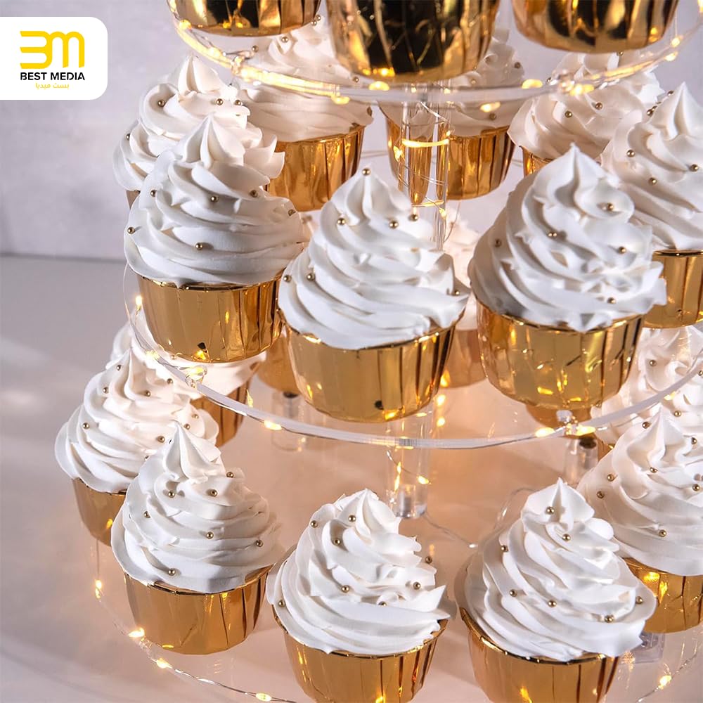 Acrylic Cupcake Stand, 4 Tier Round Display Tower with LED Light String, for Weddings, Birthday Parties, Dessert Tables, Pastry and Cake Display, 30 cm Height, Clear with Yellow Light