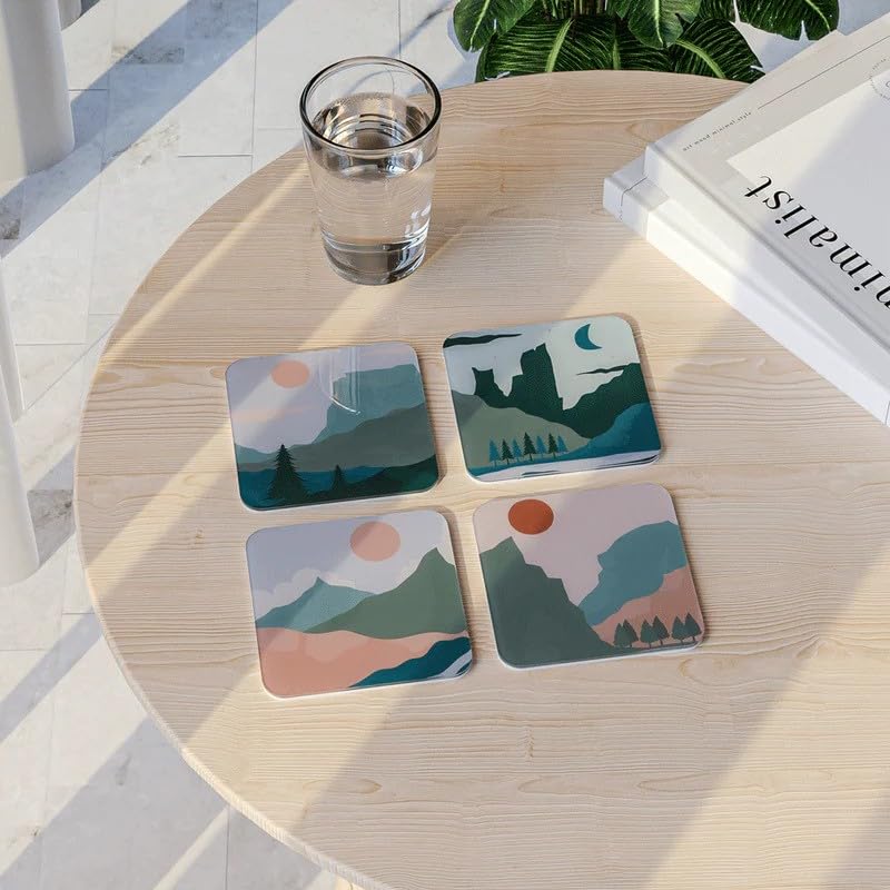 Acrylic Coaster Set of 4, 9×9 cm, Heat and Moisture Resistant Drink Coasters, Mountain Landscape Design, Acrylic for Coffee Tables Desks Dining Decor, Set of Decorative Mats