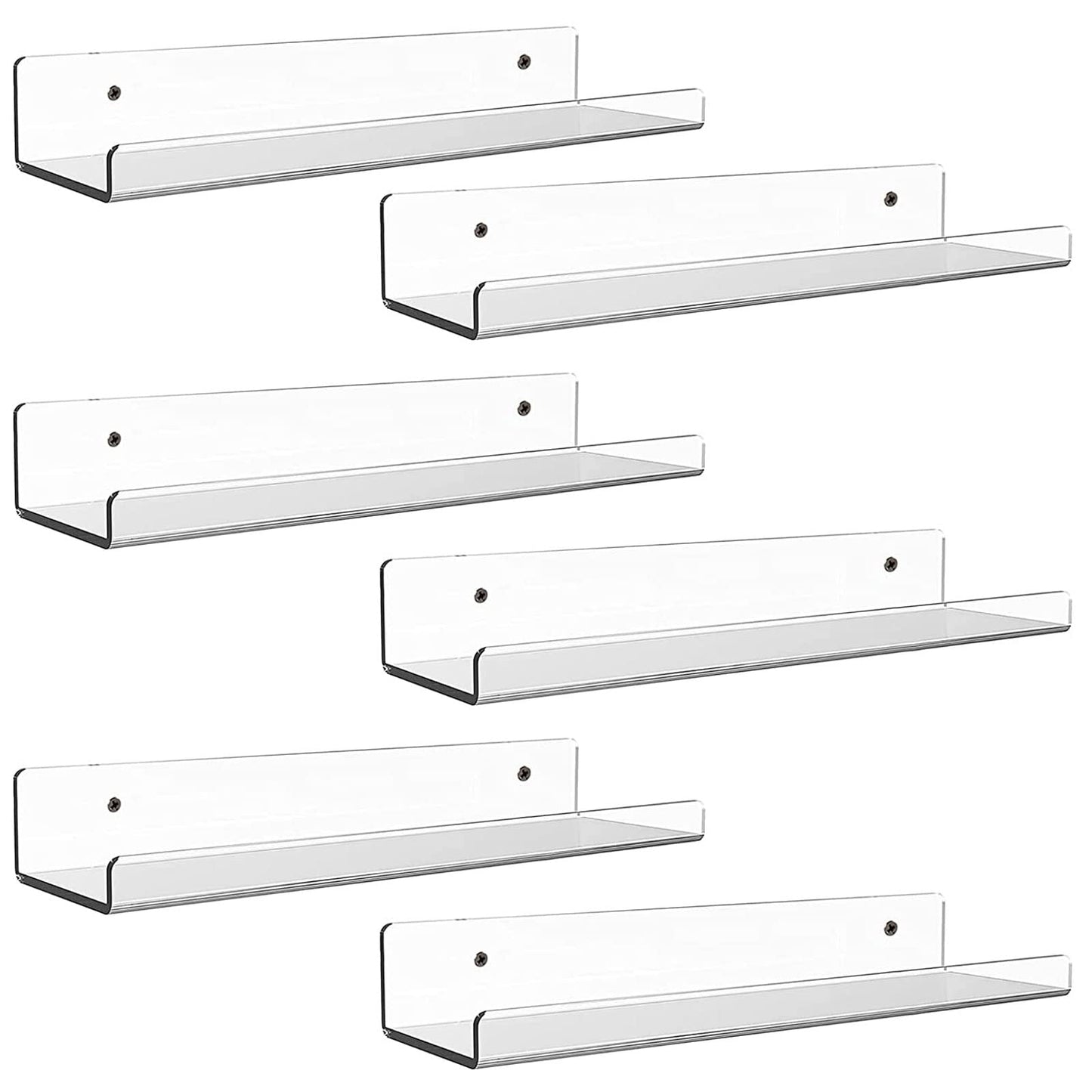 6 Pack Clear Acrylic Floating Shelves for Wall – 38.1 cm Invisible Ledge and Bookshelf, Modern Display Rack for Spices, Nail Polish, Records, and Funko Pop Figures
