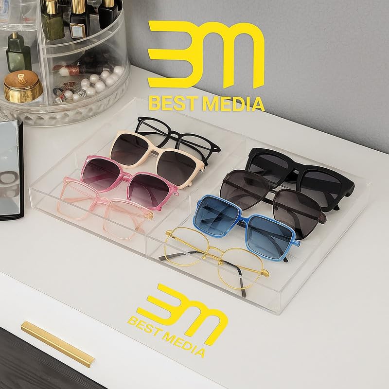 Clear Acrylic Eyeglasses Organizer Tray with 8 Compartments – Multipurpose Storage Display for Sunglasses, Accessories, Drawer or Dresser Use – 35.5 x 24 x 3 cm