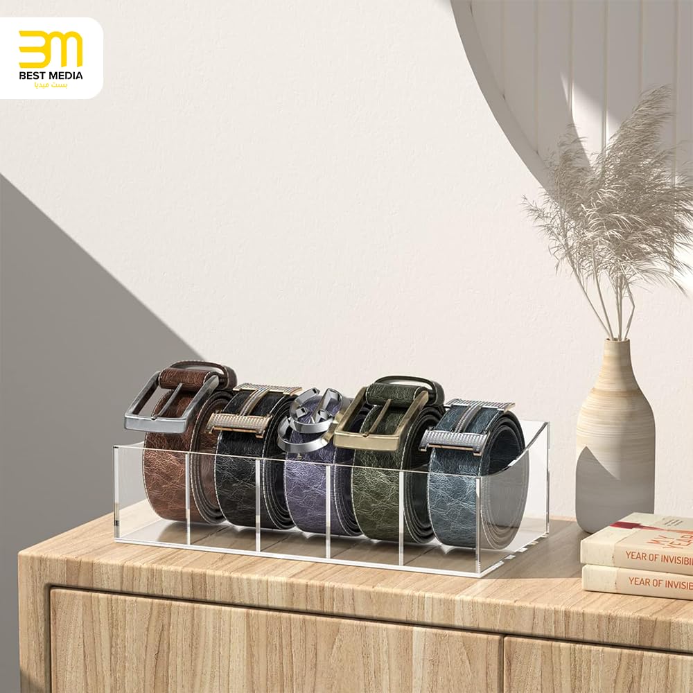 Acrylic Belt Storage Holder, 5-Compartment Clear Display Organizer for Closet or Drawer, Belt Tie and Bow Tie Container for Men’s Accessories and Daily Use, Transparent Case, Clear
