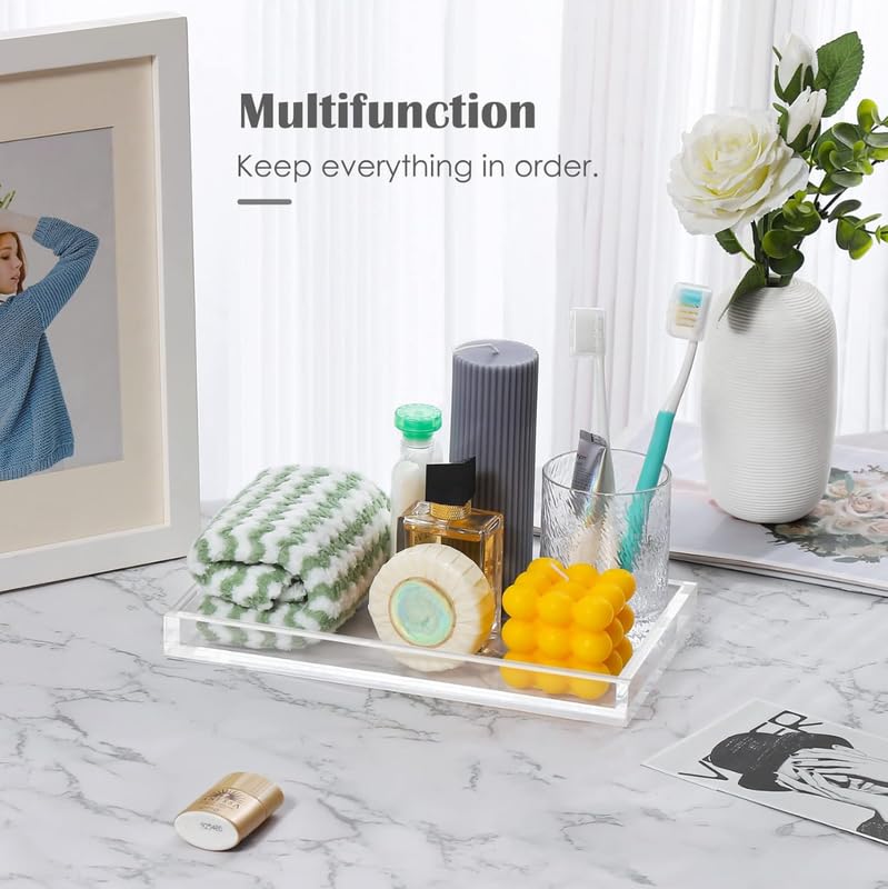 Acrylic Vanity Tray, Thick 8mm Clear Organizer Tray, 26.7 x 15.2 cm, for Bathroom Countertops, Dressers, Perfume, Jewelry, Soap, Small Decorative Tray for Home, Clear