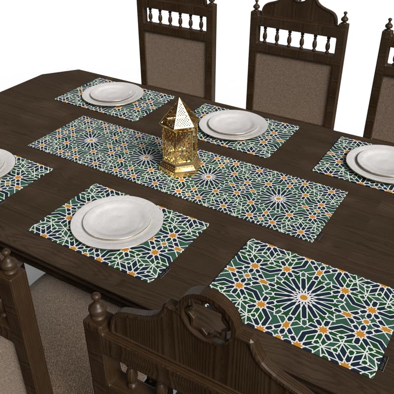 Ramadan's Unique Adden Velvet Runner in Green & Blue, a Rich 35x140 cm Decorative Centerpiece with a Garden-Inspired Islamic Pattern, bringing a sense of Paradise to your Ramadan Decor