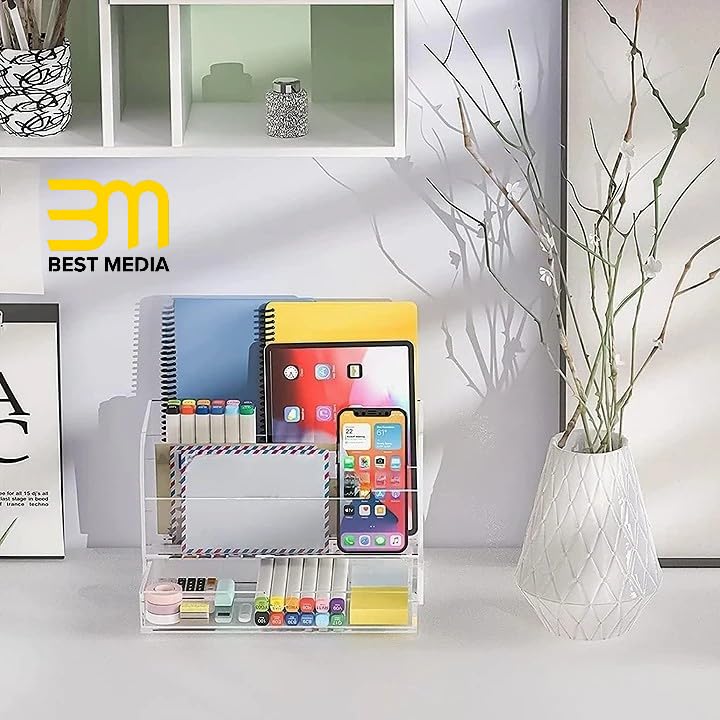 Large Clear Acrylic Desk Organizer and Mail Sorter, Multi-Slot Desktop File Holder with Integrated Drawer for Office and Home, Elegant Stationary Tray and Storage Solution