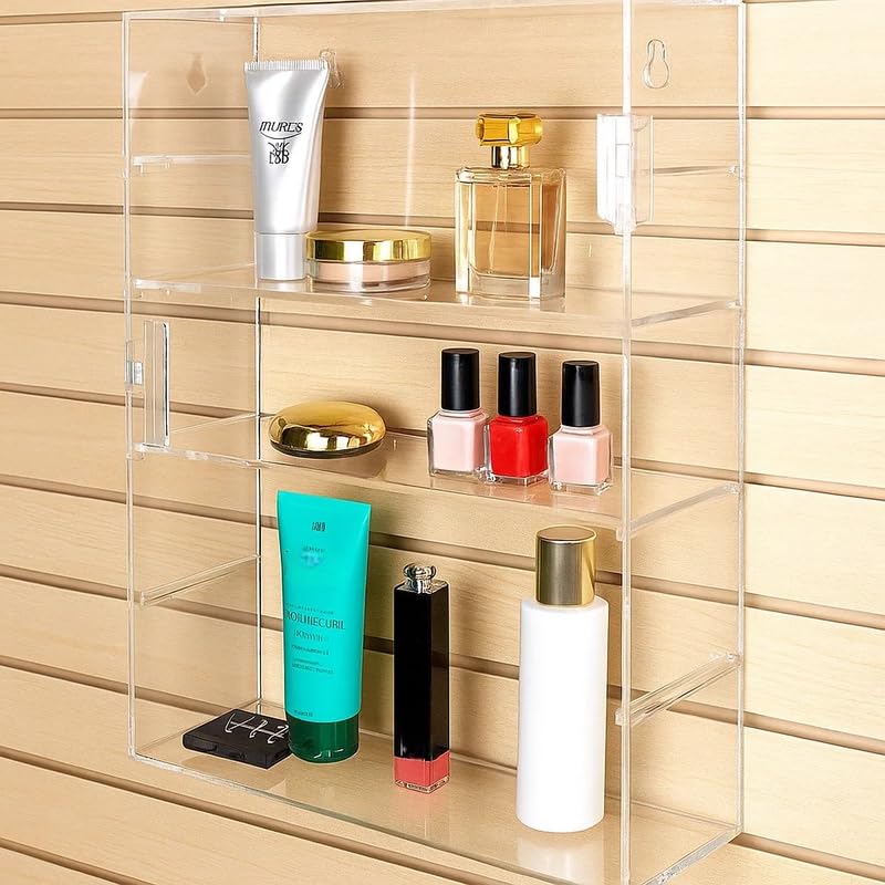 5 Tier Acrylic Display Case with Door – 27.4 x 35.6 cm Wall Mount or Countertop Cabinet, Removable Shelves for Shot Glasses, Minifigures, and Collectibles, Mirrored Back