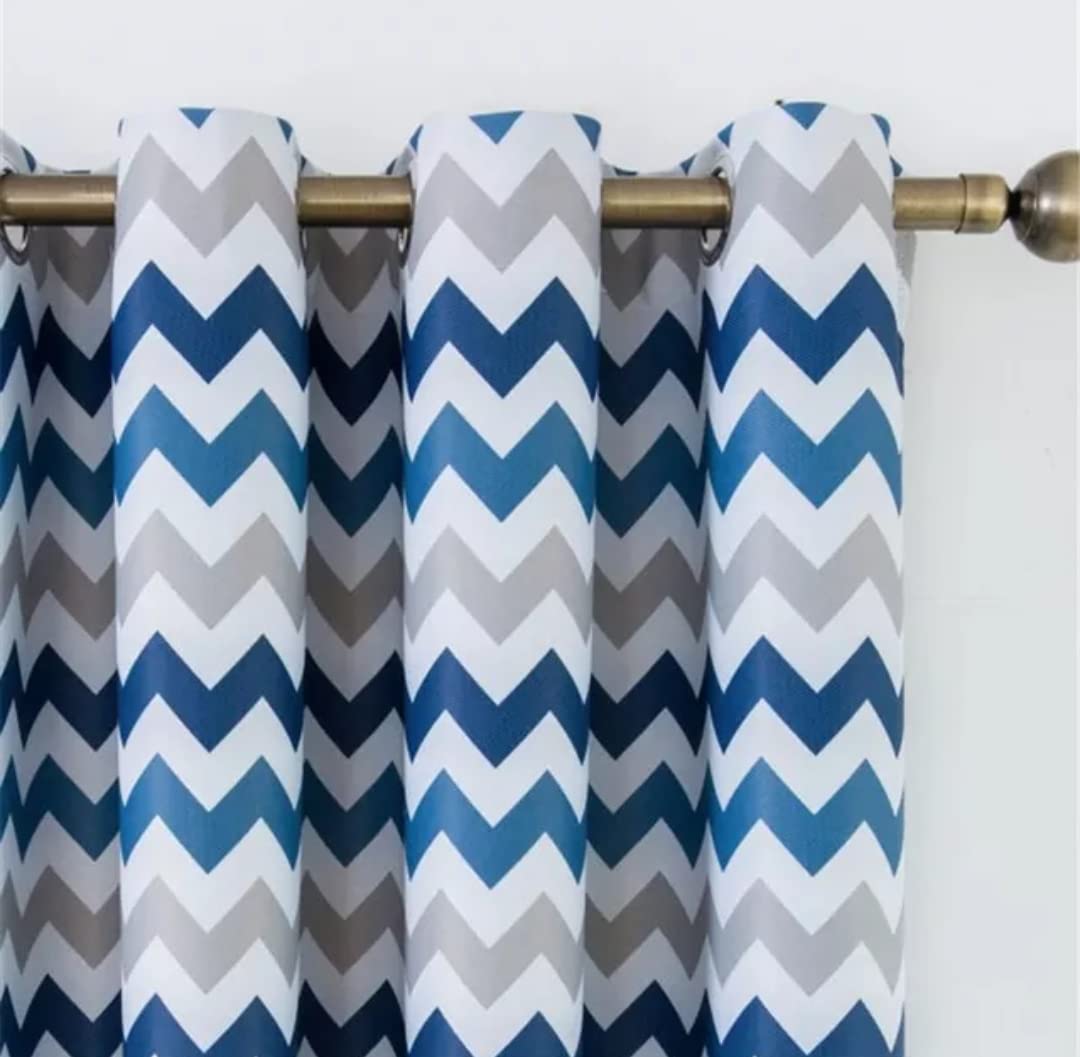Luxury velvet curtains - Modern design - Stripped Zigzag - steel Grommets - 1 piece Blue * Grey 145W X 250L CM