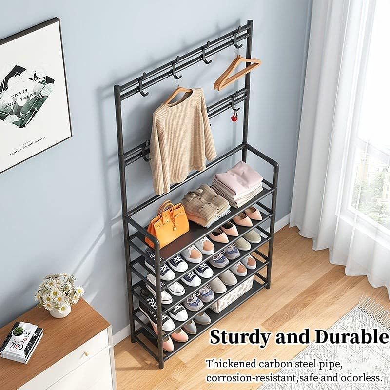 5 Tier Entryway Coat Rack,3-in-1 Shoe Rack Hall Tree Shoe Bench with Coat Hat Umbrella Rack,Storage Shelves with 8 Hooks,Multifunctional Hallway Organizer