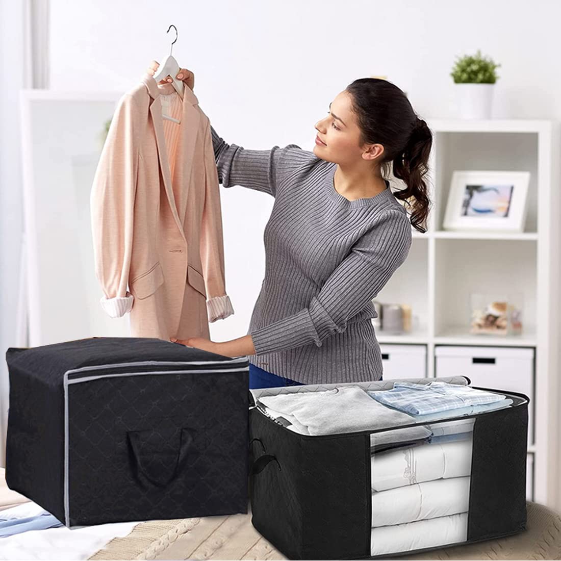مجموعة من 3 حقائب تخزين كبيرة - منظم ملابس قابل للطي سعة 90 لترًا مع مقابض معززة، قماش سميك للألحفة والبطانيات والفراش - سحاب قوي، نافذة شفافة، تخزين شديد التحمل (أسود)